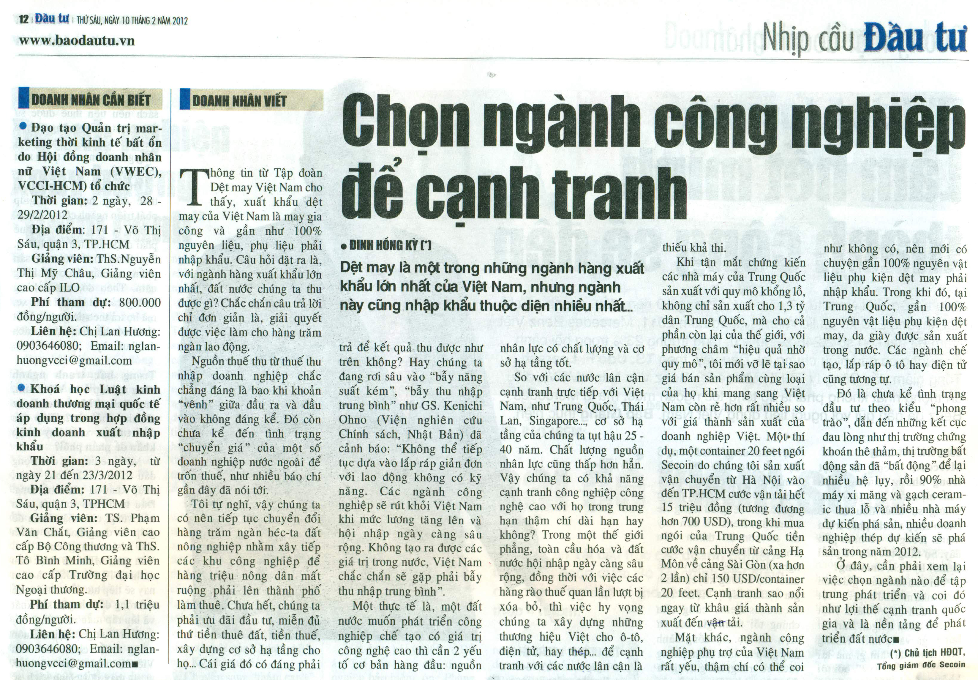 CHỌN NGÀNH CÔNG NGHIỆP ĐỂ CẠNH TRANH (BÁO ĐẦU TƯ)