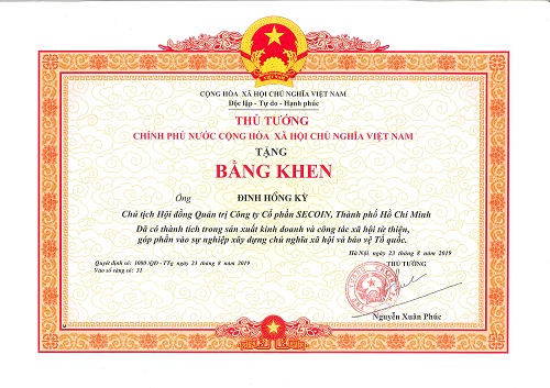 Bằng khen của Thủ tướng Chính phủ khen tặng Ông Đinh Hồng Kỳ