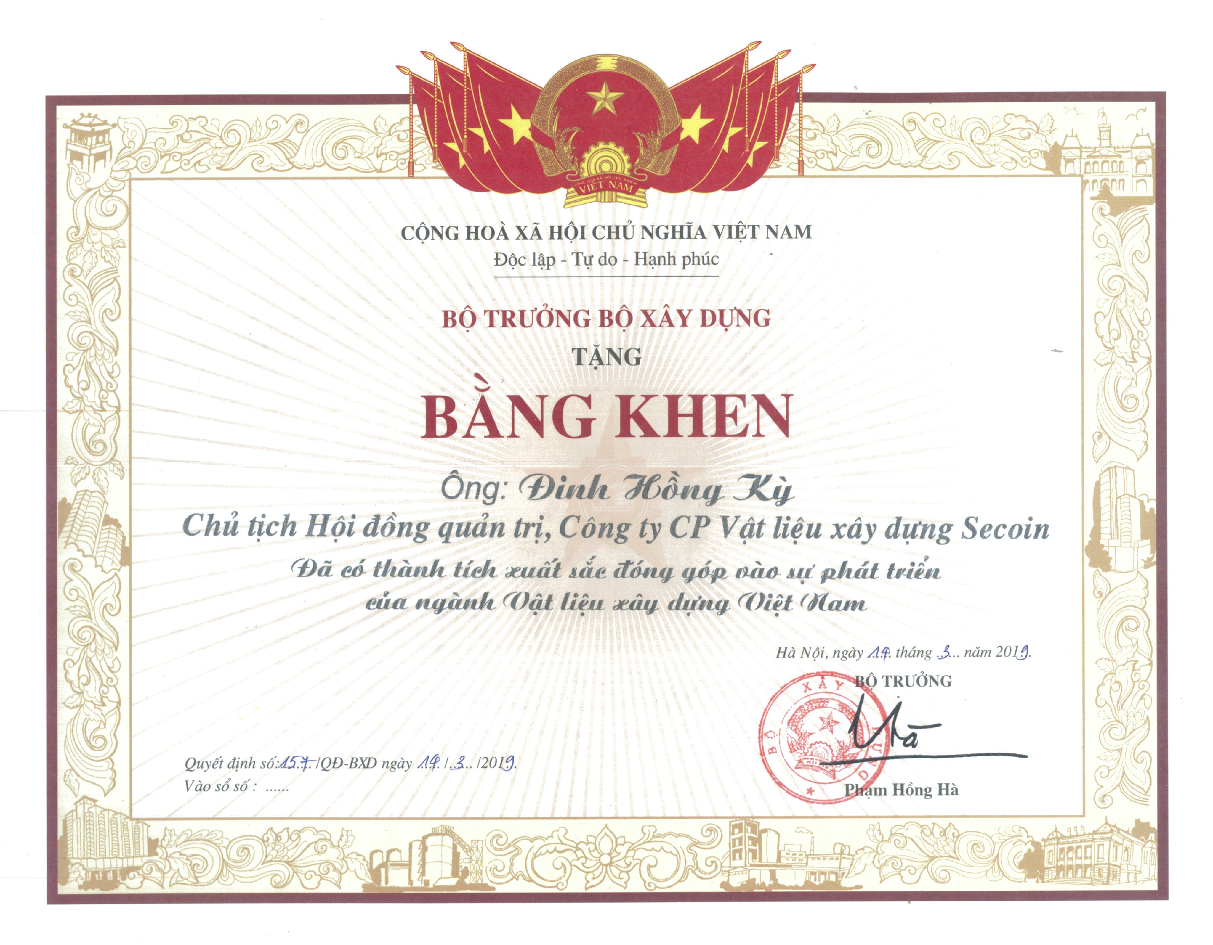 Bằng khen của Bộ Xây Dựng  trao tặng ông Đinh Hồng Kỳ