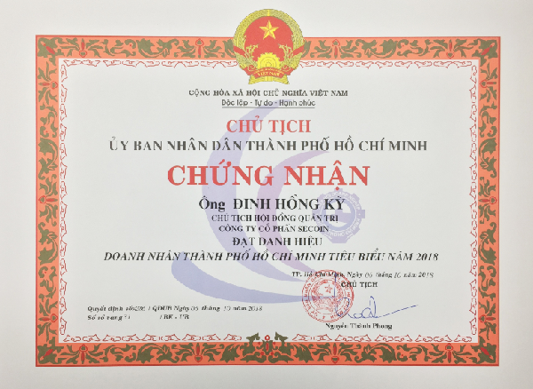 Bằng khen của Chủ tịch ủy ban nhân dân Thành phố Hồ Chí Minh trao tặng Ông Đinh Hồng Kỳ